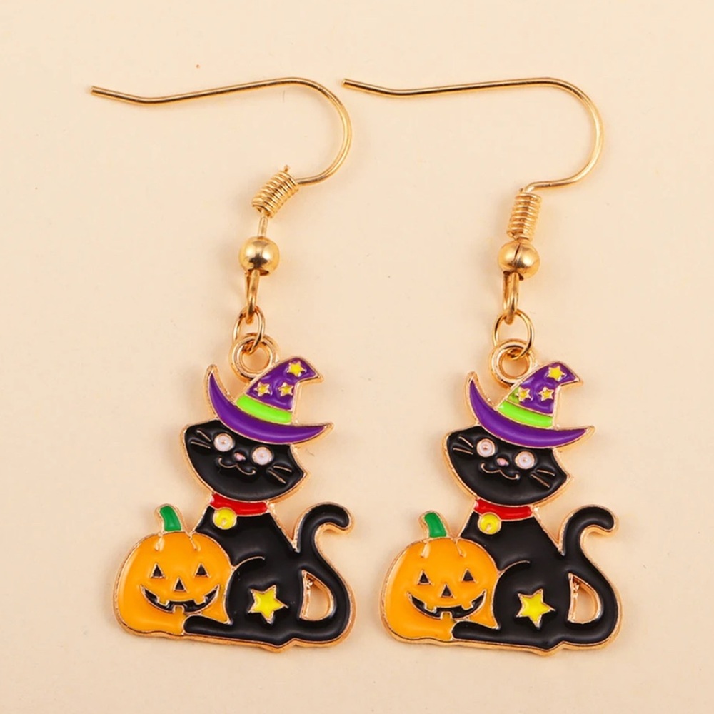 Spooky Halloween Black Cat and Pumpkin Jack O Lantern Earrings